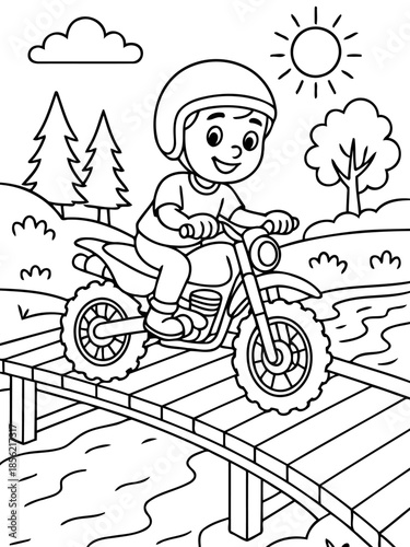 Motorcycle Adventure: A young adventurer fearlessly rides a motorcycle across a wooden bridge amidst a scenic landscape, embodying the thrill of exploration and the joy of a sunny day.