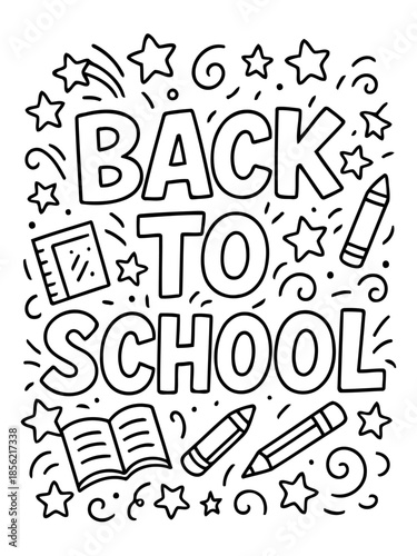 Back to School Illustration: A playful illustration showcases the excitement of the school year. Whimsical design with school supplies and stars. 