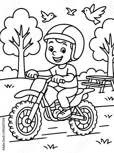 Adventure in Motocross: A spirited young rider, donned in a protective helmet, fearlessly navigates the rugged terrain on a motocross bike, embracing the thrill of speed and adventure.
