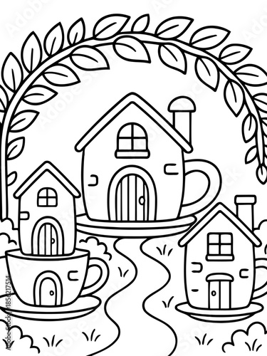 Whimsical Teacup Homes: Charming illustration of fanciful tiny houses nestled within teacups, set against an whimsical environment.