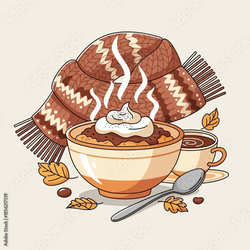 Cozy Autumn Breakfast: Oatmeal Bowl with Whipped Cream and Hot Chocolate