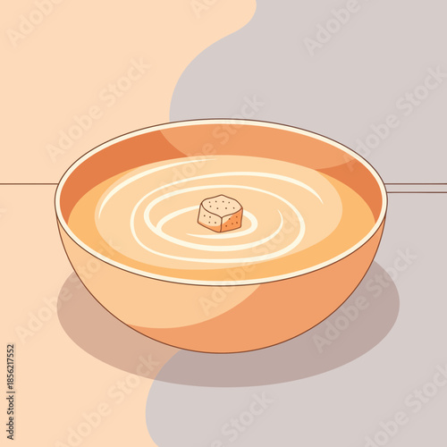 Creamy soup with crouton in a bowl, flat illustration, minimalist food design