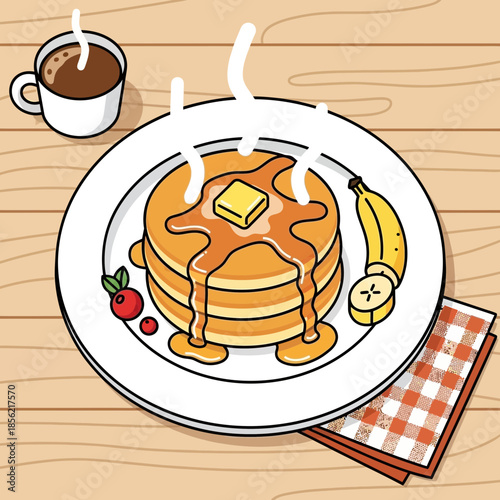 Delicious Pancakes with Syrup, Butter, Berries, Banana and Coffee