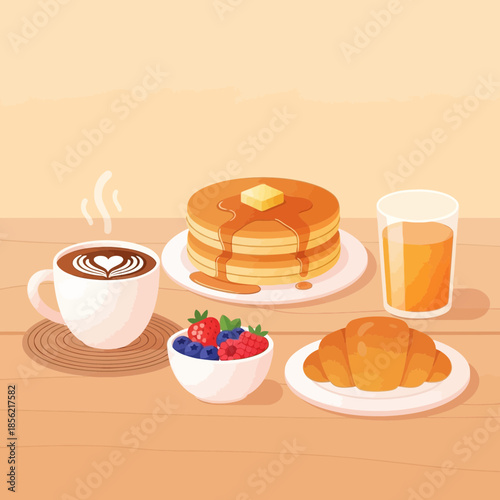 Delicious Breakfast Flat Illustration: Pancakes, Croissant, Coffee, Berries, and Orange Juice