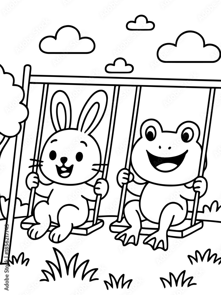Fototapeta premium Friendship's Playtime: A joyful rabbit and a smiling frog share a carefree moment of friendship, swinging high on a playground swing set amidst a whimsical scene of puffy clouds and lush greenery.