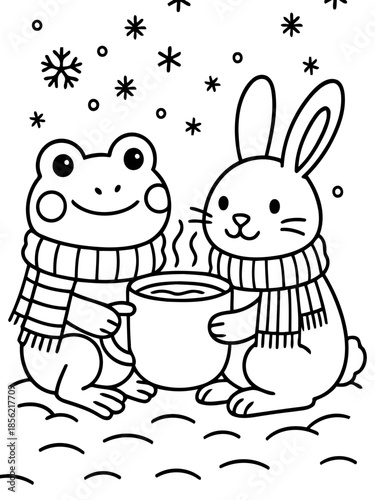 Cozy Winter Companions: A heartwarming scene unfolds as a charming frog and a cuddly rabbit share a warm cup of cocoa, a delightful moment of winter cheer. 