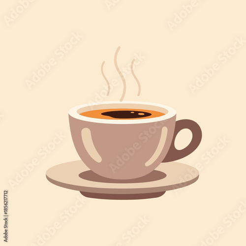 Steaming Cup of Coffee on Saucer, Minimalist Flat Design