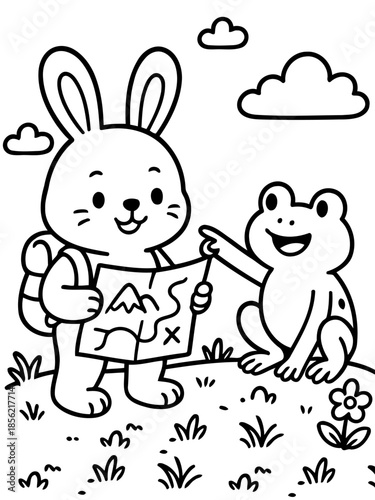 The Expedition: A curious bunny consults a map alongside a friendly frog, with a promise of an epic adventure ahead. 