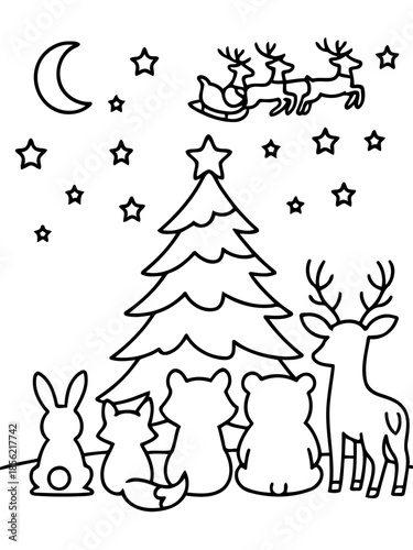 Whimsical Christmas Eve: A line art illustration depicts the magic of Christmas eve, a group of forest friends watches as a reindeer-drawn sleigh, guided by a star, flies across the night sky.