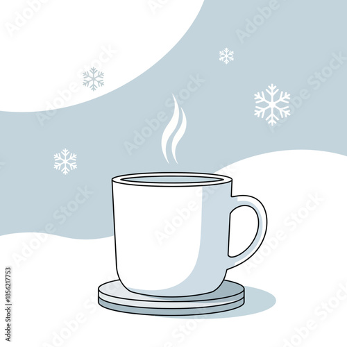 Steaming Hot Beverage in a White Mug with Snowflakes Falling - Winter Season