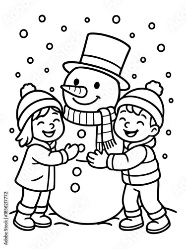 Winter's Warm Embrace: Two joyful children gleefully embrace a freshly built snowman, embodying the warmth of winter and the magic of childhood. 