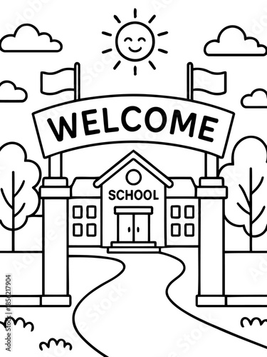 School's Warm Welcome: An illustration of a school building welcomes with an open invitation. The graphic includes a joyful sun, encouraging a sense of belonging and happiness.