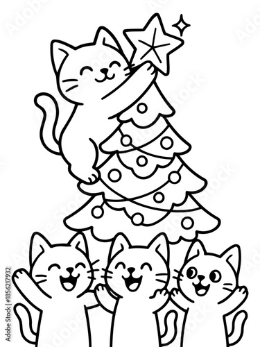 Christmas Cat: A festive illustration of cheerful cats adorning a Christmas tree with a star, embodying the spirit of holiday and joy.