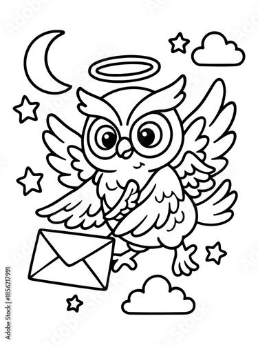 Wise Owl with a special delivery: A charming owl, adorned with celestial features, soars through the night sky, carrying a message of warmth and wisdom. It's a whimsical, heart-warming scene.