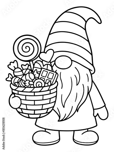 Sweet Gnome's Bounty: A charming gnome figure, brimming with a wicker basket overflowing with tempting candies, chocolates, and lollipops, embodies the spirit of sugary delights.