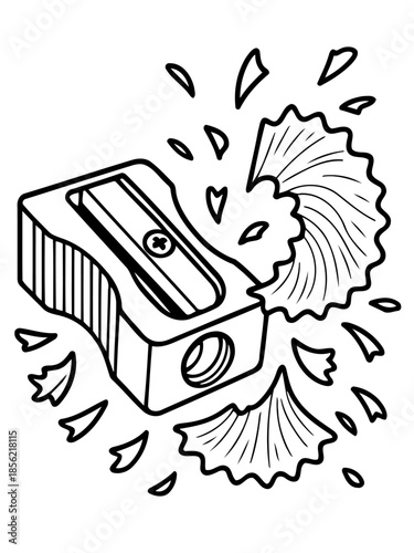 Sharpener's Symphony: An illustration of a pencil sharpener, with wood shavings swirling around it. A simple yet captivating depiction of this everyday tool.