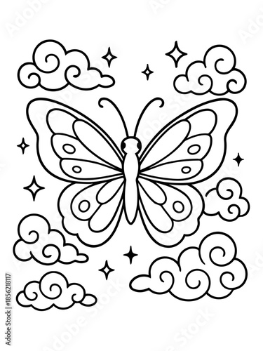 Whimsical Butterfly Amidst Clouds: A delicate butterfly, outlined in elegant strokes, takes flight amidst fluffy clouds and shimmering stars, creating a scene of dreamlike beauty.