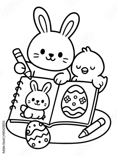 Easter Art Duo: A charming Easter scene with a rabbit and chick collaborating on creative artwork, featuring an open sketchbook filled with Easter egg and bunny drawings, pencils, and a decorated egg.
