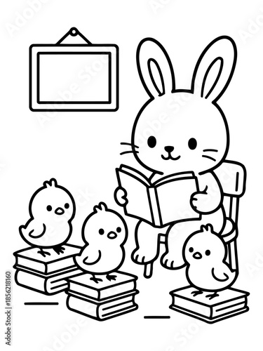 The Curious Story: a bunny captivated by a book, sharing tales with little chicks, a scene full of innocent joy and learning. 