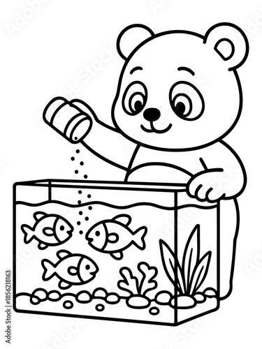 Friendly Bear Feeding Fish: A charming illustration shows a cuddly bear affectionately feeding playful fish in an aquarium, showcasing a bond of friendship, love, and care.
