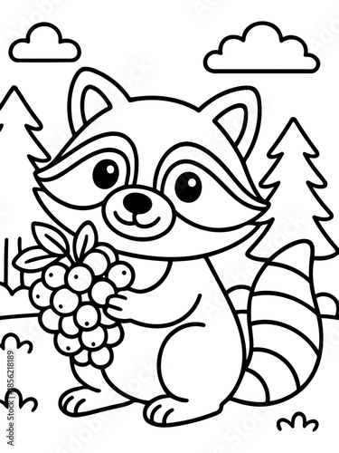 Raccoon with Berries in Forest: An adorable raccoon with its signature striped tail, clutching a handful of juicy berries, is depicted amidst the backdrop of a forest scene.