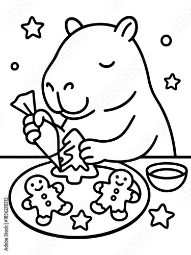 Sweet Treats with a Smiling Creature: A friendly creature delicately decorates gingerbread man with care, evoking the holiday spirit of joy, creating edible art.