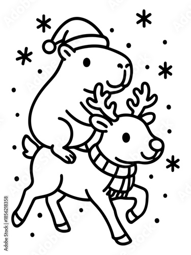 Christmas Ride: An adorable illustration of a capybara wearing a Santa hat riding on the back of a reindeer, set against a backdrop of falling snowflakes.