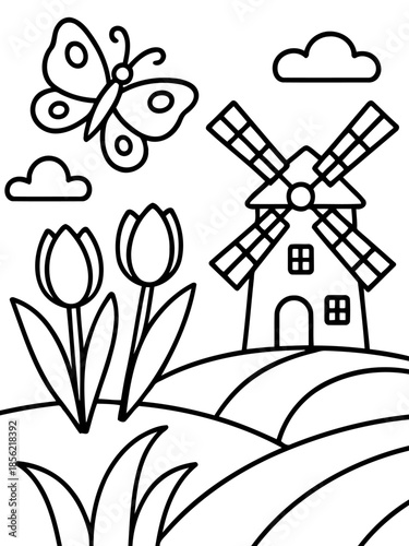 Whimsical Scene of Nature: An idyllic line art illustration showcasing a windmill, butterfly, and tulips in a harmonious outdoor environment. 