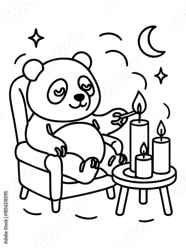 Panda with Candles: A serene panda enjoys a peaceful evening, lighting candles under the night sky. Witnessing moments of tranquility and introspection.