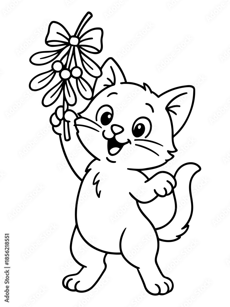 Obraz premium Festive Feline: A charming, outlined illustration features a playful kitten holding mistletoe, exuding holiday cheer. This image brings forth feelings of merriment, joy, and the spirit of the season.