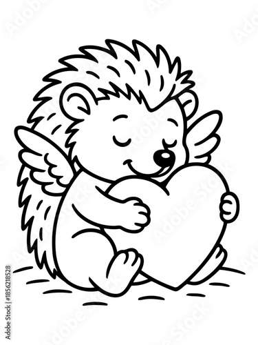 Love's Embrace: An adorable hedgehog angel, with heart-shaped wings, tenderly cradles a heart, evoking feelings of affection and warmth. 