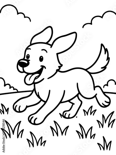 Joyful Puppy's Playtime: A delightful cartoon puppy bounds through a whimsical landscape, its tongue playfully lolling out, radiating pure joy and inviting imagination.