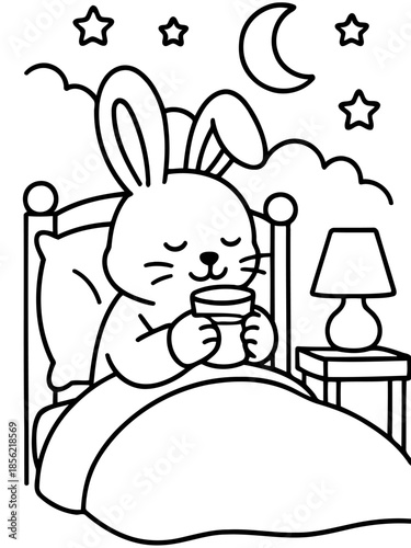 Cozy Nighttime Companion: An adorable rabbit snuggled in bed, gazing out at the night sky. With a comforting cup, and under the moon and stars, this scene evokes a sense of peace and tranquility.