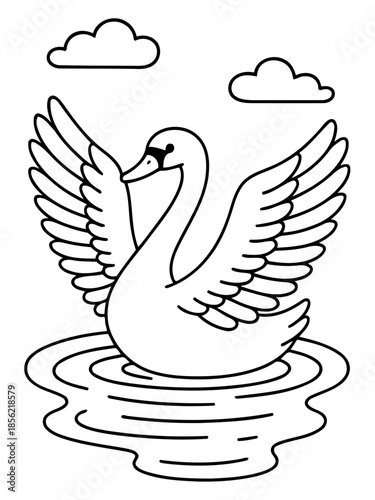 Elegant Swan on Calm Waters: A graceful swan glides serenely upon a tranquil water surface, its wings slightly spread, embodying peace and elegance under a bright sky.