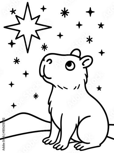 Celestial Gaze: An endearing illustration shows a capybara gazing up at a radiant star against a starlit sky, evoking a sense of wonder and childlike curiosity.