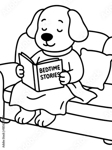 Cozy Canine's Bedtime Story: An endearing illustration of a cheerful dog cozily settled on a sofa, engrossed in reading a 'Bedtime Stories' book, perfect for bedtime moments.