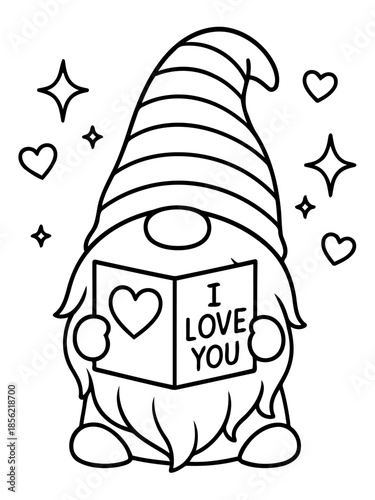Loving Gnome: a charming and whimsical gnome holding a card, expressing heartfelt sentiments, surrounded by hearts and stars. A visual expression of love, tenderness, and affectionate gesture.