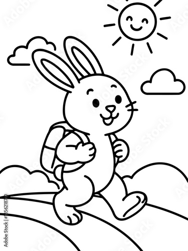 Bunny on a Journey: An adorable illustration of a rabbit embarking on an adventure, cheerfully walking under a smiling sun with a backpack ready for the road.