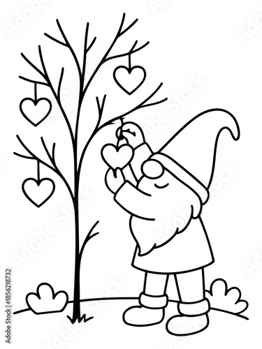 Whimsical Gnome Decorating Heart Tree: A charming gnome, adorned with a pointy hat and long beard, lovingly decorates a bare tree with delicate heart-shaped ornaments.