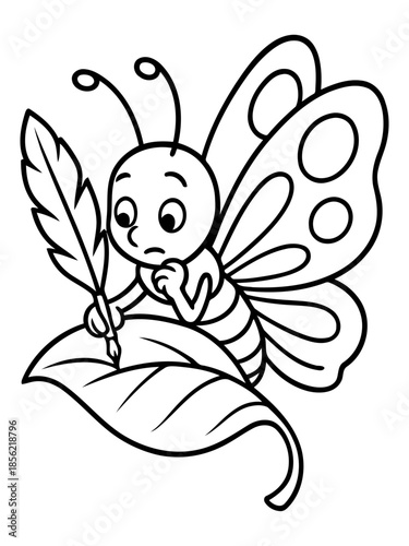 Butterfly's Contemplative Composition: A charming illustration depicts a thoughtful butterfly perched upon a leaf, quill in hand, appearing deep in contemplation as it begins to write.
