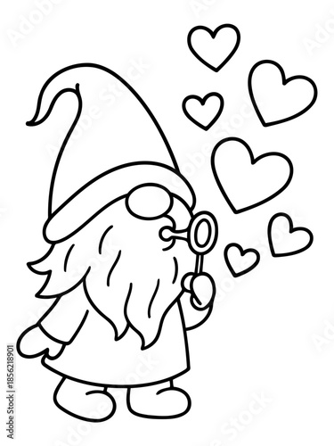 Whimsical Gnome Blowing Hearts: A delightful gnome blows bubbles shaped like hearts, exuding an air of charm and enchantment. The simple lines and iconic style evoke a sense of playfulness and joy.
