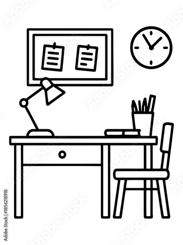 Workspace Illustration: Minimalist line art depicts a desk scene, complete with a bulletin board, a desk lamp, a clock, and essential stationery, representing a clean and organized work area.