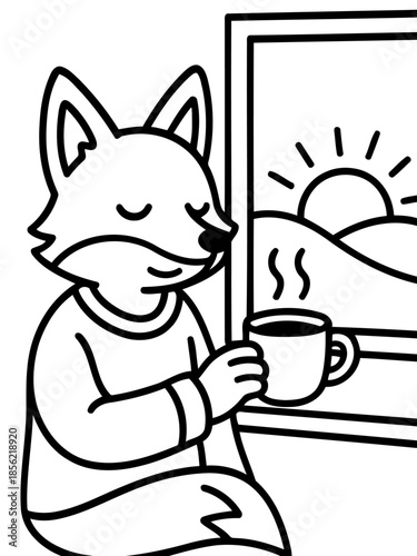 Fox Enjoying Coffee: A charming fox, eyes closed in contentment, takes a leisurely sip of coffee while admiring a picturesque sunrise view from a window.