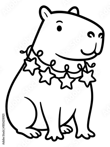 Festive Capybara: A charming, outlined capybara wearing a star-shaped garland, exuding playful delight and capturing the essence of simple joy.