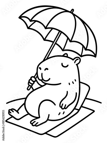 Relaxed Capybara: This charming illustration shows a capybara lounging on a beach towel under an umbrella, embracing a leisurely day. The scene evokes a sense of relaxation and carefree enjoyment.