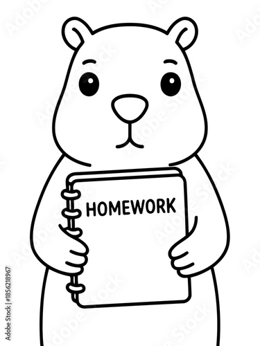 Bear with Homework: A cute cartoon bear holding a HOMEWORK notebook, looking focused and prepared for a study session.