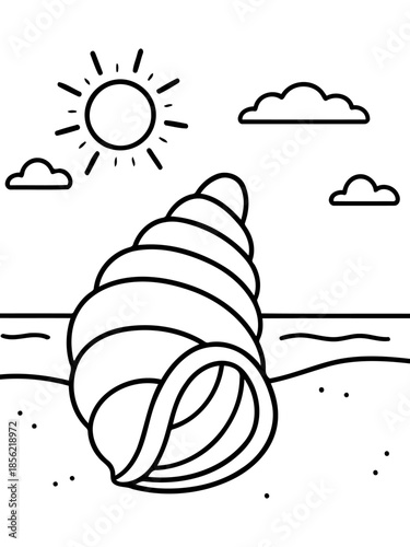 Shells on the Shore: A tranquil coastal scene featuring a delicate seashell resting gracefully on the sandy beach, bathed in the warmth of the sun's gentle rays. 