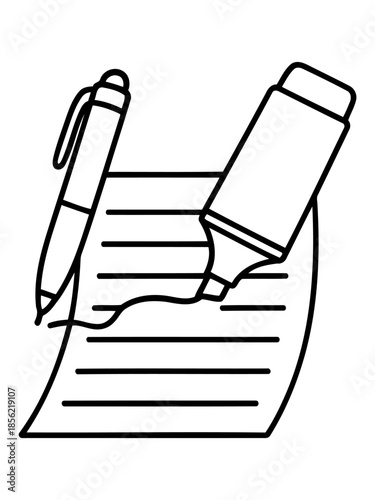 Note & Highlighter on Paper: A pen and a highlighter rest near a paper with lines. This design could represent the act of taking notes or editing a text.