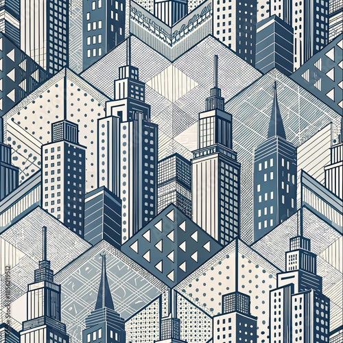 Stylized cityscape pattern featuring tall skyscrapers in geometric blue and cream tones