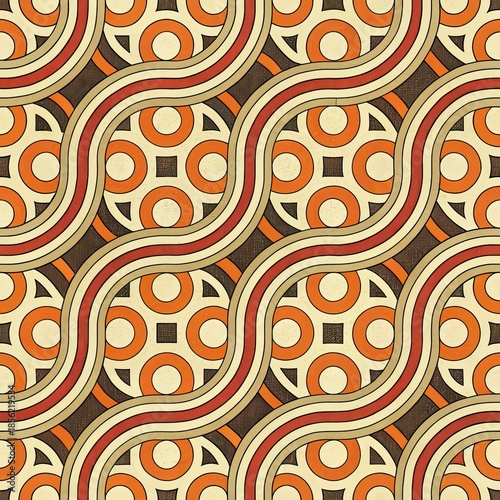 Seamless retro geometric pattern with curved lines and orange circular motifs